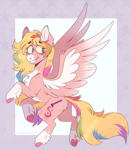Size: 1280x1460 | Tagged: safe, artist:wanderingpegasus, derpibooru import, oc, oc:day dreamer, unofficial characters only, pegasus, pony, chest fluff, colored hooves, colored wings, feathered fetlocks, female, freckles, gradient wings, image, jpeg, mare, ponysona, smiling, snip (coat marking), socks (coat marking), solo, underhoof, wings