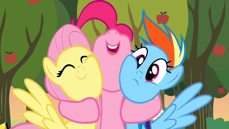 Size: 1280x720 | Tagged: safe, derpibooru import, screencap, fluttershy, pinkie pie, rainbow dash, earth pony, pegasus, pony, season 2, the super speedy cider squeezy 6000, ^^, apple, apple tree, cute, diapinkes, eyes closed, female, food, frown, hug, image, mare, nose in the air, open mouth, open smile, outdoors, png, shyabetes, smiling, squishy cheeks, tree, trio, trio female, wings