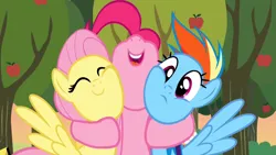 Size: 1280x720 | Tagged: safe, derpibooru import, screencap, fluttershy, pinkie pie, rainbow dash, earth pony, pegasus, pony, season 2, the super speedy cider squeezy 6000, ^^, apple, apple tree, cute, diapinkes, eyes closed, female, food, frown, hug, image, mare, nose in the air, open mouth, open smile, outdoors, png, shyabetes, smiling, squishy cheeks, tree, trio, trio female, wings