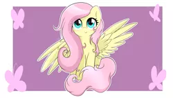 Size: 6324x3584 | Tagged: safe, artist:enviaart, artist:envygirl95, derpibooru import, fluttershy, butterfly, insect, pegasus, pony, absurd resolution, blush sticker, blushing, female, full face view, image, looking up, mare, outline, png, sitting, smiling, solo, spread wings, white outline, wings