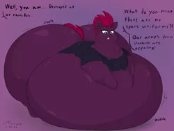 Size: 3300x2500 | Tagged: suggestive, artist:astrum, derpibooru import, tempest shadow, pony, unicorn, angry, belly, belly bed, belly squish, big belly, bingo wings, broken horn, butt, chest fluff, chubby cheeks, clothes, dialogue, digital art, fat, fat fetish, female, fetish, hoof on belly, horn, huge belly, huge butt, image, impossibly large belly, impossibly large butt, jiggle, large butt, looking down, mare, near immobile, neck roll, obese, offscreen character, onomatopoeia, open mouth, png, ripping clothes, scar, solo, solo female, squishy, tempest blubber, the ass was fat, torn clothes, wardrobe malfunction, wobbling