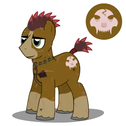 Size: 1300x1300 | Tagged: safe, artist:warren peace, derpibooru import, oc, oc:kodiak killer, unofficial characters only, earth pony, pony, fallout equestria, ashes town, coat markings, cutie mark, earth pony oc, full body, hooves, image, male, png, raider, scar, scarred, shadow, simple background, skull, socks (coat marking), solo, stallion, standing, tail, tail wrap, tattoo, transparent background