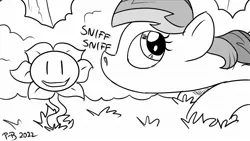 Size: 1200x675 | Tagged: safe, artist:pony-berserker, derpibooru import, rainbow dash, pegasus, flower, flowey, image, jpeg, monochrome, pony-berserker's twitter sketches, pony-berserker's twitter sketches (2022), sniffing, undertale