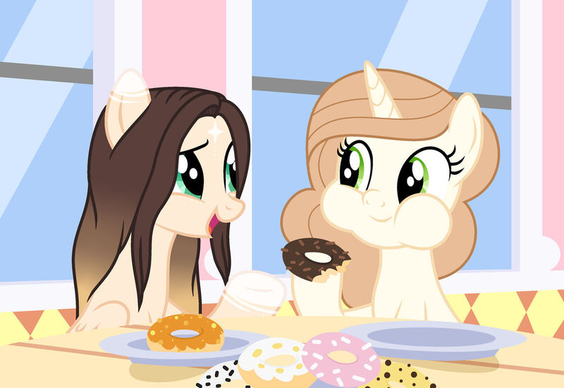 Size: 1280x880 | Tagged: safe, artist:cindydreamlight, derpibooru import, oc, oc:ashley shine diamond, oc:cindy, unofficial characters only, pony, base used, donut, eating, female, food, image, jpeg, mare