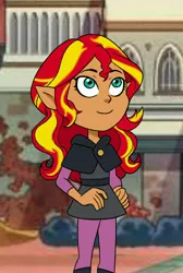 Size: 2362x3507 | Tagged: safe, artist:citrusbluebelly, derpibooru import, sunset shimmer, human, equestria girls, clothes, crossover, female, humanized, image, jpeg, pointed ears, school uniform, solo, style emulation, the owl house, witch