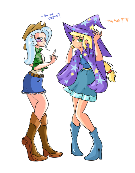 Size: 3142x4000 | Tagged: safe, artist:wenraz, derpibooru import, applejack, trixie, human, applejack's hat, belt, boots, cape, clothes, clothes swap, cowboy boots, cowboy hat, dress, duo, female, flannel, hat, high heel boots, humanized, image, lesbian, png, shipping, shirt, shoes, simple background, skirt, t-shirt, tripplejack, trixie's cape, trixie's hat, white background