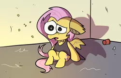 Size: 1400x900 | Tagged: safe, anonymous artist, derpibooru import, fluttershy, pegasus, pony, clothes, costume, cup, fake wings, female, flutterbat costume, image, looking forward, mare, open mouth, parody, png, scene parody, shocked, sitting, smiling friends, solo, style emulation