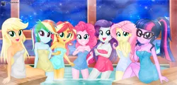 Size: 1805x865 | Tagged: suggestive, artist:charliexe, derpibooru import, applejack, fluttershy, pinkie pie, rainbow dash, rarity, sci-twi, sunset shimmer, twilight sparkle, equestria girls, female, glasses, grin, hot springs, humane five, humane seven, humane six, image, jpeg, mane six, onsen, open mouth, smiling, steam, towel, water, wet