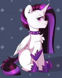 Size: 1287x1627 | Tagged: safe, artist:sakukitty, derpibooru import, princess celestia, alicorn, pony, between dark and dawn, chest fluff, choker, ear piercing, female, image, jpeg, mare, missing cutie mark, piercing, punklestia, raised hoof, solo, spiked choker