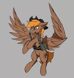 Size: 2496x2610 | Tagged: safe, artist:reddthebat, derpibooru import, oc, oc:calamity, pegasus, pony, fallout equestria, battle saddle, cowboy hat, gun, hat, image, male, png, solo, stallion, weapon