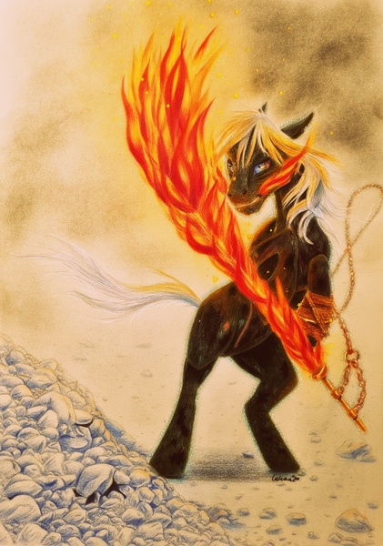 Size: 2596x3704 | Tagged: safe, artist:cahandariella, derpibooru import, oc, earth pony, pony, colored pencil drawing, fanfic art, fantasy class, fire, image, jpeg, male, scar, solo, stallion, sword, traditional art, warrior, weapon