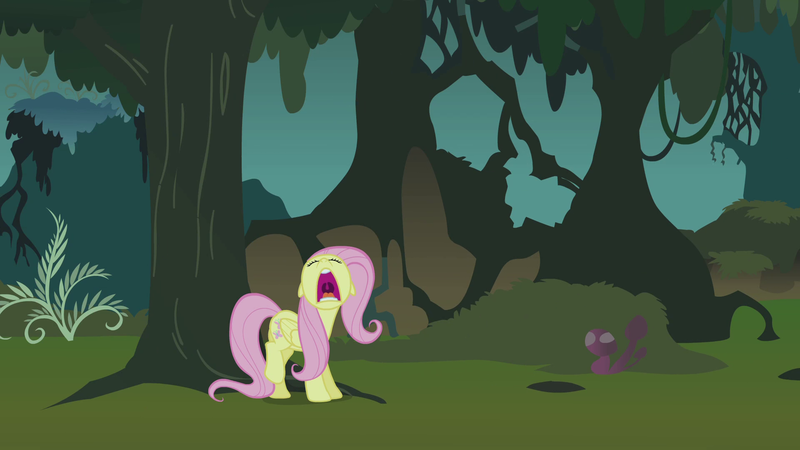 Size: 1920x1080 | Tagged: safe, derpibooru import, screencap, fluttershy, pegasus, pony, season 1, stare master, everfree forest, faic, female, forest, frightened, image, mare, nose in the air, open mouth, png, scared, screaming, solo, tree, uvula, volumetric mouth