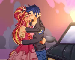 Size: 4500x3600 | Tagged: safe, artist:lucy-tan, derpibooru import, flash sentry, sunset shimmer, equestria girls, absurd resolution, blushing, car, clothes, commission, dress, eyes closed, female, flashimmer, hug, image, jacket, jeans, leather jacket, male, pants, png, ponied up, shipping, straight