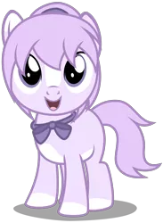 Size: 2360x3220 | Tagged: safe, artist:strategypony, derpibooru import, oc, oc:mio, unofficial characters only, earth pony, pony, bowtie, cute, earth pony oc, female, filly, foal, image, looking at you, looking up, png, ponytail, simple background, song in the description, transparent background