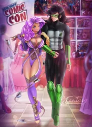 Size: 869x1200 | Tagged: suggestive, artist:kgfantasy, derpibooru import, rarity, oc, oc:arrow swift, human, arm in arm, breasts, busty rarity, canon x oc, cleavage, clothes, comic con, commission, cosplay, costume, dc comics, female, gloves, green lantern, humanized, image, ivy valentine, jpeg, male, marvel, muscles, muscular male, one eye closed, shipping, shoes, straight