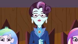 Size: 3410x1920 | Tagged: safe, derpibooru import, screencap, princess cadance, princess celestia, principal abacus cinch, equestria girls, friendship games, dean cadance, female, glasses, high res, image, jpeg, open mouth, principal celestia, solo focus