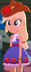 Size: 1781x4095 | Tagged: safe, derpibooru import, screencap, applejack, a photo booth story, eqg summertime shorts, equestria girls, bare shoulders, cowboy hat, cropped, female, hat, image, jpeg, male, sleeveless, solo focus, strapless