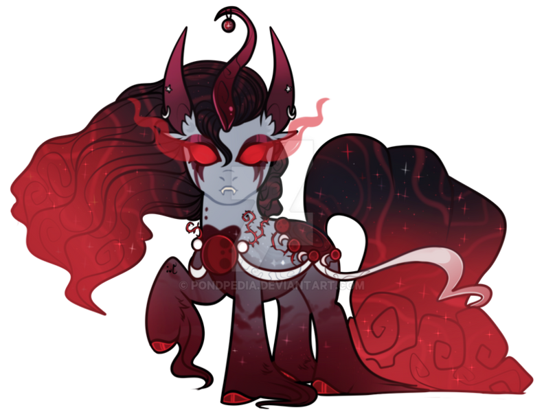 Size: 800x606 | Tagged: safe, artist:stygian-nyx, derpibooru import, oc, oc:blood moon rising, original species, pond pony, pony, cloven hooves, curved horn, deviantart watermark, eyeshadow, horn, image, jagged horn, makeup, no pupils, obtrusive watermark, png, pondpony, red eyes, red sclera, solo, sombra eyes, watermark, wavy mane