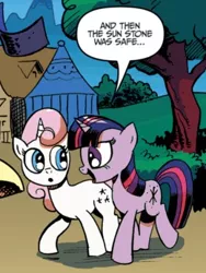 Size: 260x345 | Tagged: safe, derpibooru import, official, twilight sparkle, twinkleshine, pony, unicorn, zen and the art of gazebo repair, cropped, double entendre, female, image, mare, png, reference to another series, speech bubble, sunstone, talking, tent, text, tree, unicorn twilight, walking, wide eyes