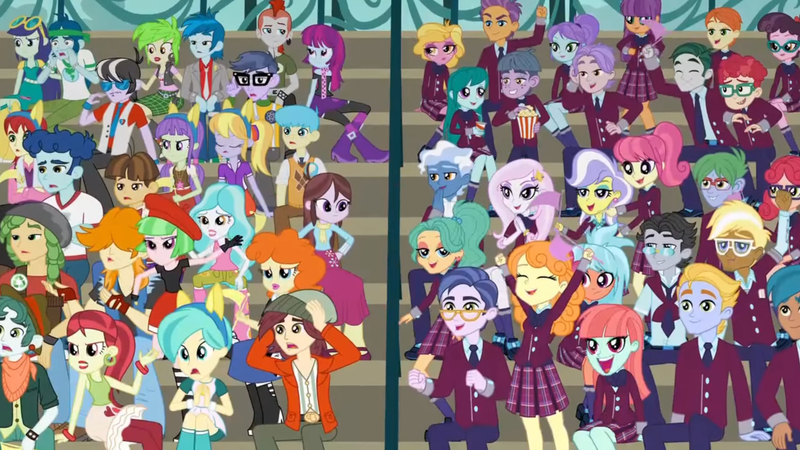 Size: 3410x1920 | Tagged: safe, derpibooru import, screencap, blueberry cake, cherry crash, curly winds, fleur-de-lis, frosty orange, golden hazel, jet set, microchips, sandalwood, some blue guy, trenderhoof, upper crust, velvet sky, wiz kid, equestria girls, friendship games, eyes closed, female, high res, image, jpeg, male, open mouth, open smile, smiling