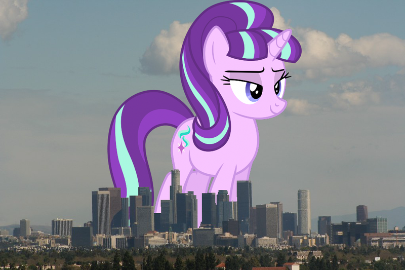 Size: 1023x682 | Tagged: safe, artist:dashiesparkle edit, artist:thegiantponyfan, derpibooru import, edit, starlight glimmer, pony, unicorn, california, female, giant pony, giant starlight glimmer, giant unicorn, giantess, highrise ponies, image, irl, lidded eyes, los angeles, macro, mare, mega giant, multicolored mane, multicolored tail, photo, png, ponies in real life, s5 starlight, smiling, story included, tail