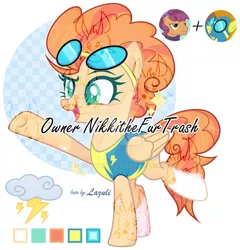 Size: 1280x1331 | Tagged: safe, artist:hoochuu, artist:lazuli0209, derpibooru import, blaze, spitfire, pegasus, pony, abstract background, base used, clothes, deviantart watermark, eyelashes, female, fusion, goggles, image, jpeg, mare, obtrusive watermark, screencap reference, smiling, underhoof, uniform, watermark, wings, wonderbolt trainee uniform