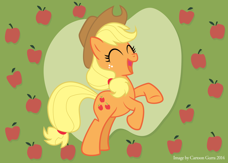 Size: 900x644 | Tagged: safe, artist:cartoongurra, derpibooru import, applejack, earth pony, pony, apple, eyes closed, female, food, freckles, hat, image, mare, png, rearing, solo