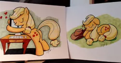 Size: 720x374 | Tagged: safe, artist:cartoongurra, derpibooru import, applejack, earth pony, pony, computer, duo, eyes closed, floppy ears, hat, hug, image, jpeg, lying down, prone, solo, traditional art