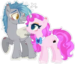 Size: 2325x1987 | Tagged: safe, artist:dinkydoolove, derpibooru import, oc, oc:gentle cream, oc:matthew, unofficial characters only, earth pony, pegasus, pony, unicorn, base used, blushing, bowtie, duo, female, horn, image, male, mare, offspring, parent:party favor, parent:pinkie pie, parent:rarity, parent:thunderlane, parents:partypie, parents:rarilane, pegasus oc, png, raised hoof, simple background, stallion, transparent background, unicorn oc, wings