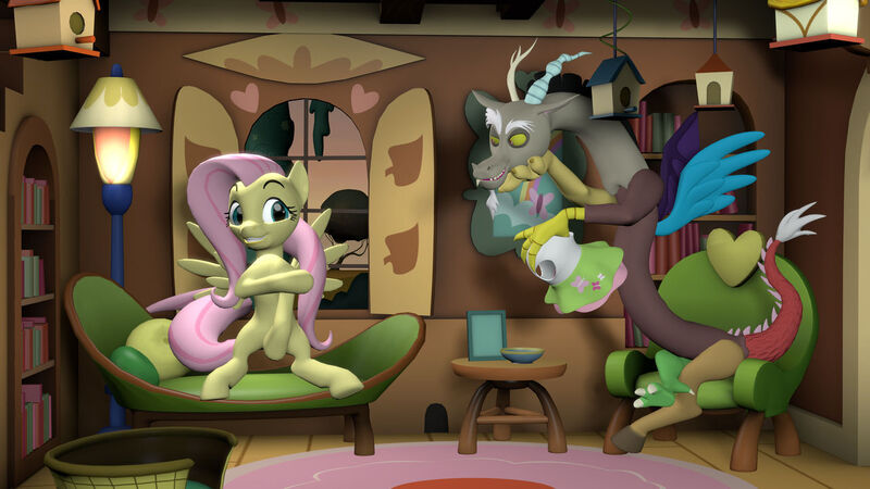 Size: 1280x720 | Tagged: safe, artist:charlydasher, derpibooru import, discord, fluttershy, draconequus, pony, 3d, ashamed, censored, clothes, covering, dress, female, fluttershy's cottage, grin, image, jpeg, male, mare, smiling, source filmmaker, spread wings, unnecessary censorship, we don't normally wear clothes, wingboner, wings