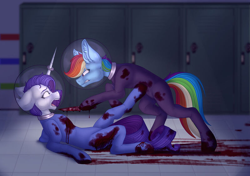 Size: 1024x724 | Tagged: grimdark, artist:maneblue, derpibooru import, rainbow dash, rarity, pegasus, pony, unicorn, abuse, among us, betrayal, blood, duo, ear fluff, female, hoof hold, image, jpeg, knife, lockers, mare, rainbow douche, raribuse, scared, spacesuit