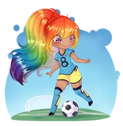 Size: 1024x1048 | Tagged: safe, artist:maneblue, derpibooru import, rainbow dash, human, blushing, clothes, female, football, humanized, image, png, shorts, simple background, smiling, sports, transparent background