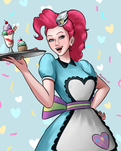 Size: 1280x1588 | Tagged: safe, artist:guyser3, derpibooru import, pinkie pie, human, abstract background, clothes, confetti, cupcake, dress, female, food, hand on hip, humanized, image, jpeg, milkshake, server pinkie pie, smiling, solo, tray