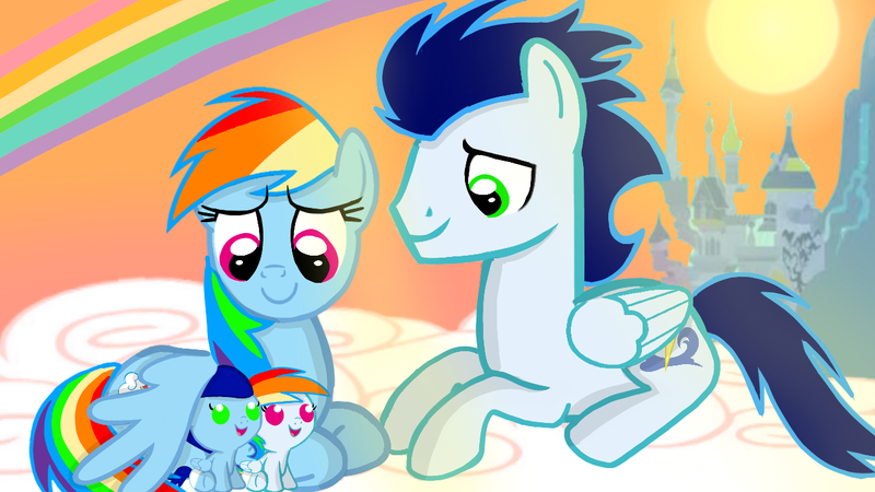 Size: 1280x720 | Tagged: safe, artist:mlplary6, derpibooru import, rainbow dash, soarin', oc, oc:blue skies, oc:speedy dash, pegasus, pony, baby, cloud, colt, family, female, filly, foal, image, male, mare, offspring, parent:rainbow dash, parent:soarin', parents:soarindash, png, rainbow, shipping, smiling, soarindash, stallion, straight, sunset