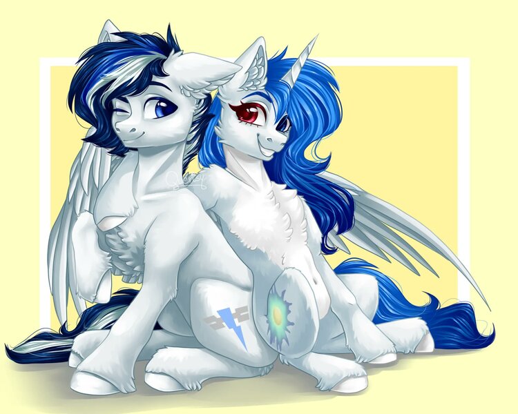 Size: 2000x1600 | Tagged: safe, artist:querisyart, derpibooru import, oc, oc:whirligig firefly, pegasus, pony, unicorn, cute, duo, female, fluffy, heterochromia, hug, image, jpeg, looking at you, male, mare, one eye closed, simple background, smilling, stallion, wings, wink