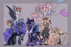 Size: 1573x1050 | Tagged: safe, artist:sannateacupss, derpibooru import, applejack, fluttershy, pinkie pie, rainbow dash, rarity, twilight sparkle, alicorn, bat pony, earth pony, pegasus, pony, unicorn, alternate design, alternate hairstyle, balloon, bat wings, bracelet, clothes, coat markings, cowboy hat, curved horn, dappled, dress, earth pony rarity, flower, flower in hair, glasses, gown, hair bun, hat, horn, image, jewelry, jpeg, laughing, mane six, pegasus pinkie pie, race swap, species swap, twitterina design, unicorn fluttershy, wings, wristband