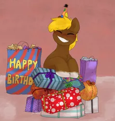 Size: 1773x1866 | Tagged: safe, artist:2k.bugbytes, ponybooru import, oc, oc:acres, unofficial characters only, earth pony, pony, birthday, blonde, blonde mane, brown coat, coat markings, earth pony oc, eyes closed, gift art, hat, image, male, party hat, png, present, smiling, socks (coat marking), solo, stallion