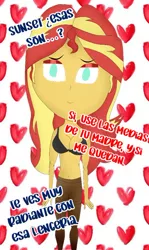 Size: 302x507 | Tagged: suggestive, artist:marcoequestrian98, derpibooru import, sunset shimmer, equestria girls, black bra, bra, breasts, busty sunset shimmer, clothes, dialogue, heart, image, jpeg, lingerie, looking at you, simple background, smiling, smiling at you, spanish, talking to viewer, traditional art, underwear