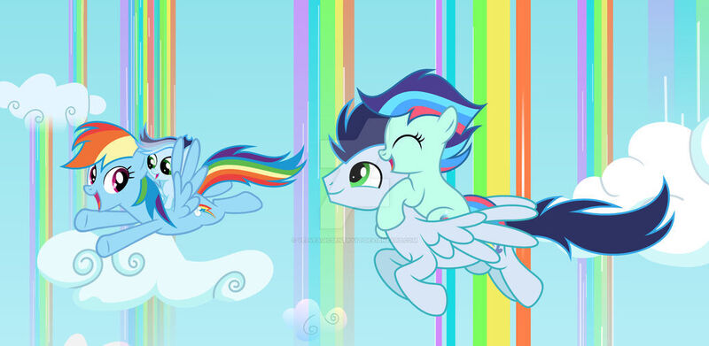 Size: 1024x500 | Tagged: safe, artist:velveagicsentryyt, derpibooru import, rainbow dash, soarin', oc, oc:prisdale, oc:rainbow blitzes, pegasus, pony, female, filly, flying, foal, image, jpeg, offspring, parent:rainbow dash, parent:soarin', parents:soarindash, ponies riding ponies, riding