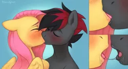 Size: 3915x2120 | Tagged: safe, artist:bloodymrr, derpibooru import, fluttershy, oc, oc:varan, earth pony, pegasus, pony, blushing, bust, close-up, commission, drool, eyes closed, female, floppy ears, folded wings, french kiss, image, kissing, love, male, png, portrait, sloppy kissing, wings