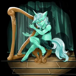 Size: 1280x1280 | Tagged: safe, artist:mrrowerscream, derpibooru import, lyra heartstrings, anthro, human, equestria girls, clothes, eared humanization, female, halter top, harp, horn, horned humanization, humanized, image, jpeg, musical instrument, playing instrument, skirt, solo, tail, tailed humanization