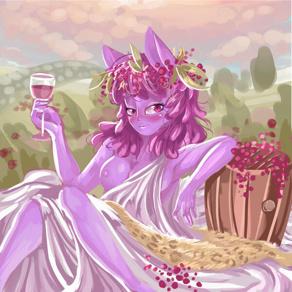 Size: 1280x1280 | Tagged: questionable, artist:mrrowerscream, derpibooru import, berry punch, berryshine, human, equestria girls, alcohol, breasts, classical, dionysus, drunk, eared humanization, female, floral head wreath, flower, food, glass, grapes, greek, humanized, image, jpeg, nipples, nudity, partial nudity, solo, solo female, wine, wine glass