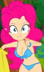 Size: 623x1012 | Tagged: suggestive, derpibooru import, edit, edited edit, edited screencap, editor:ah96, screencap, pinkie pie, timber spruce, equestria girls, legend of everfree, bag, belly button, bikini, blue bikini, blue swimsuit, bracelet, breast edit, breasts, busty pinkie pie, cleavage, clothes, cropped, female, human coloration, image, jewelry, looking at you, png, sexy, smiling, smiling at you, solo focus, stupid sexy pinkie, swimsuit, swimsuit edit