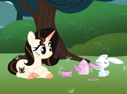 Size: 1280x948 | Tagged: safe, artist:cindydreamlight, derpibooru import, angel bunny, oc, oc:sara butterfly, pony, unicorn, female, image, jpeg, lying down, mare, prone, teapot