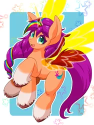 Size: 1500x2000 | Tagged: safe, artist:ragurimo, derpibooru import, sunny starscout, alicorn, pony, my little pony: a new generation, abstract background, artificial horn, artificial wings, augmented, coat markings, eyebrows, eyebrows visible through hair, g5, horn, image, magic, magic horn, magic wings, no pupils, open mouth, png, race swap, socks (coat marking), sunnycorn, unshorn fetlocks, wings