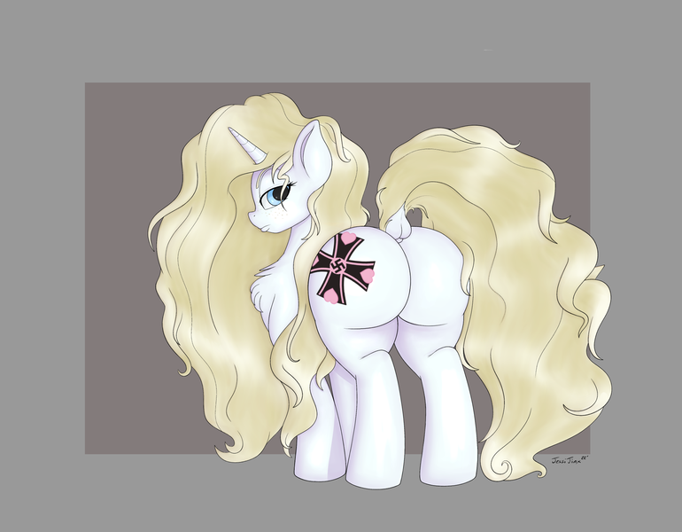 Size: 2000x1559 | Tagged: safe, artist:jessijinx, ponybooru import, oc, oc:erika aethelhilde, unofficial characters only, pony, unicorn, /mlp/, /mlpol/, 4chan, annoyed, aryan, aryan pony, blonde, blonde mane, blonde tail, blue eyes, butt, chest fluff, cutie mark, dock, female, freckles, horn, image, large butt, mare, nazi, nazipone, png, solo, standing, wehrmacht, white coat