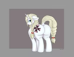 Size: 2000x1559 | Tagged: safe, artist:jessijinx, ponybooru import, oc, oc:erika aethelhilde, unofficial characters only, pony, unicorn, /mlp/, /mlpol/, 4chan, annoyed, aryan, aryan pony, blonde, blonde mane, blonde tail, blue eyes, braid, braided pigtails, braided tail, butt, cutie mark, dock, female, freckles, horn, image, large butt, mare, nazi, nazipone, png, solo, standing, wehrmacht, white coat