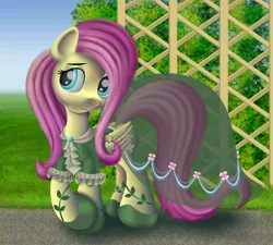 Size: 2000x1800 | Tagged: safe, artist:iimaximusii, derpibooru import, fluttershy, pony, blushing, clothes, crossed legs, dress, female, folded wings, full color, gem, grass, hair over one eye, image, lidded eyes, long mane, looking to side, mare, outdoors, pathway, png, ponyville, shoes, shy, solo, standing, transparent, trellis, wings