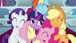 Size: 1280x720 | Tagged: safe, derpibooru import, screencap, applejack, fluttershy, pinkie pie, rainbow dash, rarity, twilight sparkle, twilight sparkle (alicorn), alicorn, earth pony, pegasus, pony, unicorn, season 9, the beginning of the end, spoiler:s09, ^^, bipedal, cute, dashabetes, diapinkes, eyes closed, female, group hug, happiness, happy, hug, image, jackabetes, mane six, mare, png, raribetes, shyabetes, smiling, twiabetes