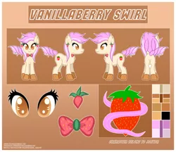 Size: 2200x1900 | Tagged: safe, artist:angelina-pax, derpibooru import, oc, oc:vanillaberry swirl, ponified, unofficial characters only, earth pony, food pony, original species, pony, bowtie, color palette, commission, cutie mark, ear piercing, earring, female, food, horn, image, jewelry, mare, piercing, png, reference sheet, solo, ych result
